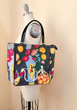 Black Floral Art Print Canvas Tote Bag Beaded Sequin Embellished Shoulder Purse